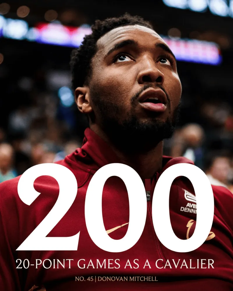 骑士官方：米切尔骑士生涯第200场20+得分达成，队史第五位